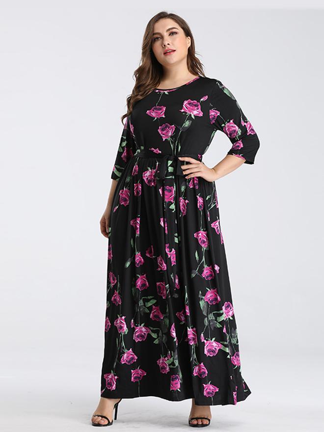 Floral Printed Belt Maxi Dress