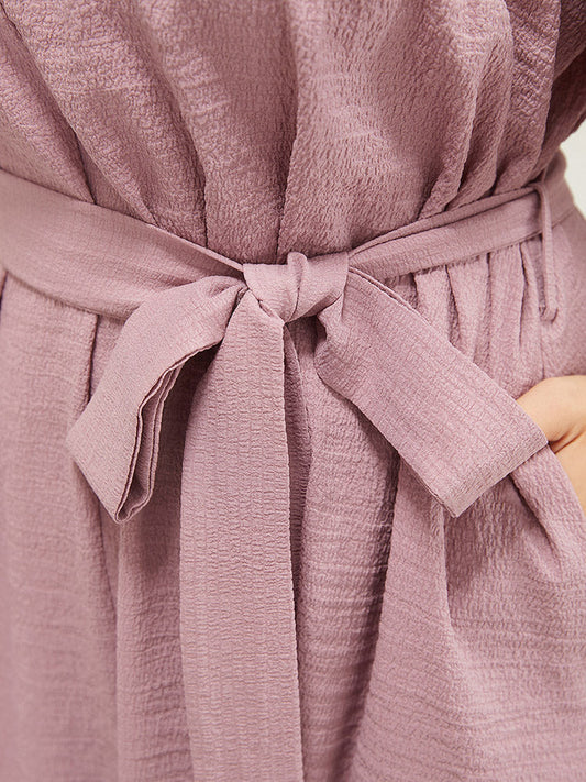 Solid Notched Neck Button Detail Pocket Belted Pleated Dress