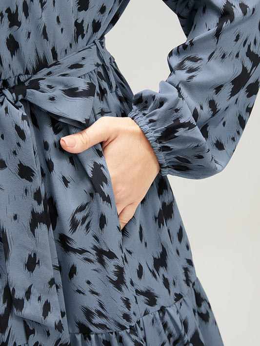 Allover Print Pocket Lantern Sleeve Wrap Belted Flutter Dress