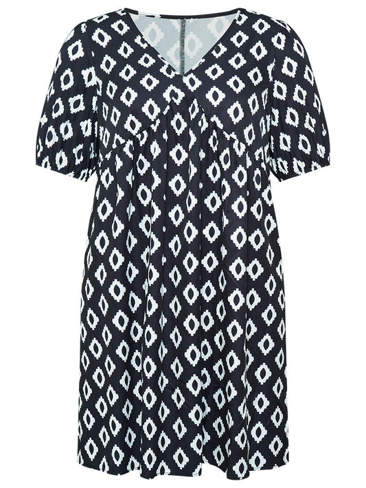 Geometric Print Gathered Pocket Puff Sleeve Dress