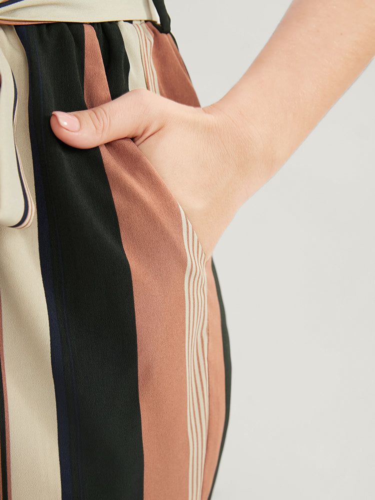 Striped Contrast Pocket Paperbag Waist Belted Pants