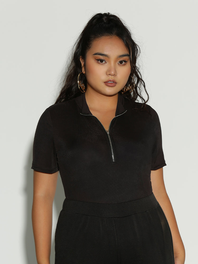 Lapel Collar Zipper Top