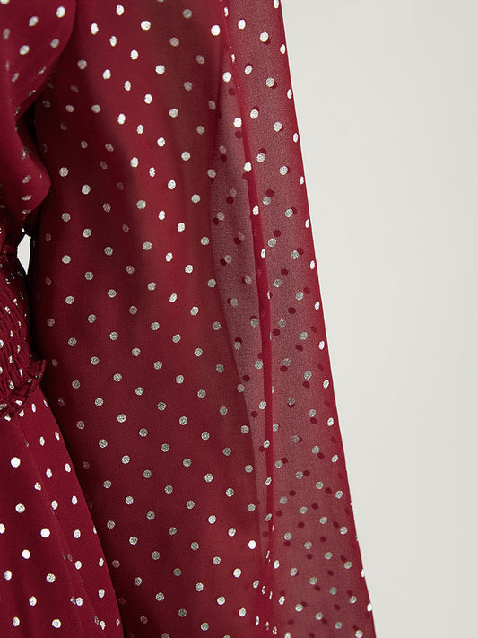 Polka Dot Pocket Button Detail Lantern Sleeve Shirred Dress
