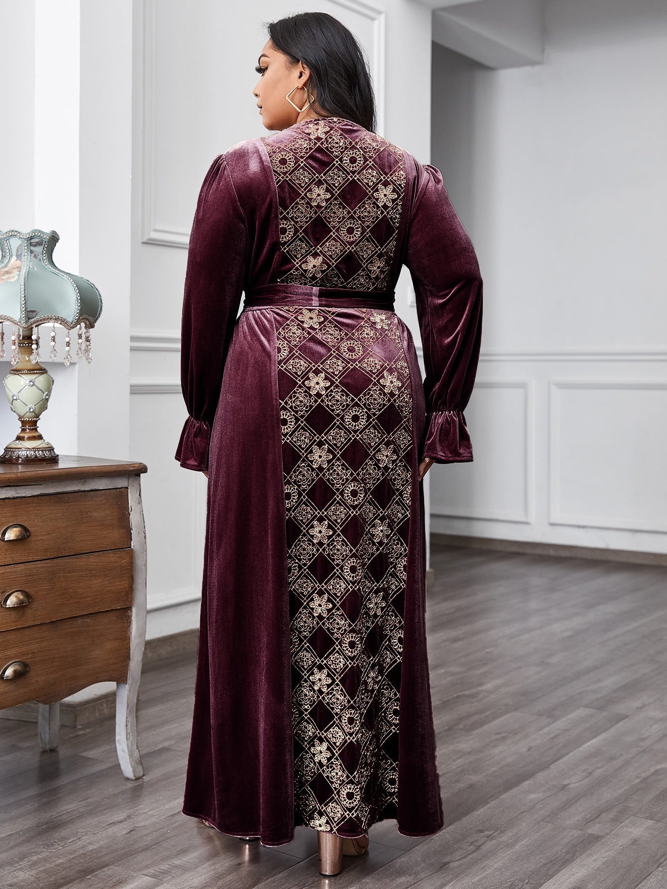 Floral & Argyle Embroidered Belt Velvet A-line Dress