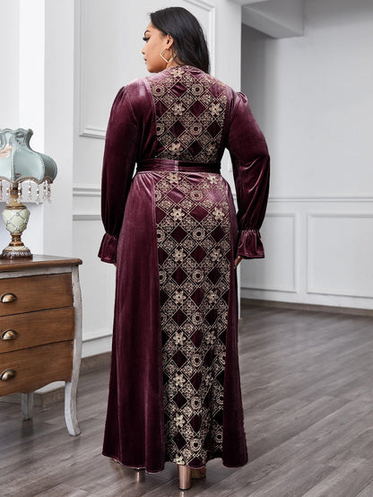 Floral & Argyle Embroidered Belt Velvet A-line Dress