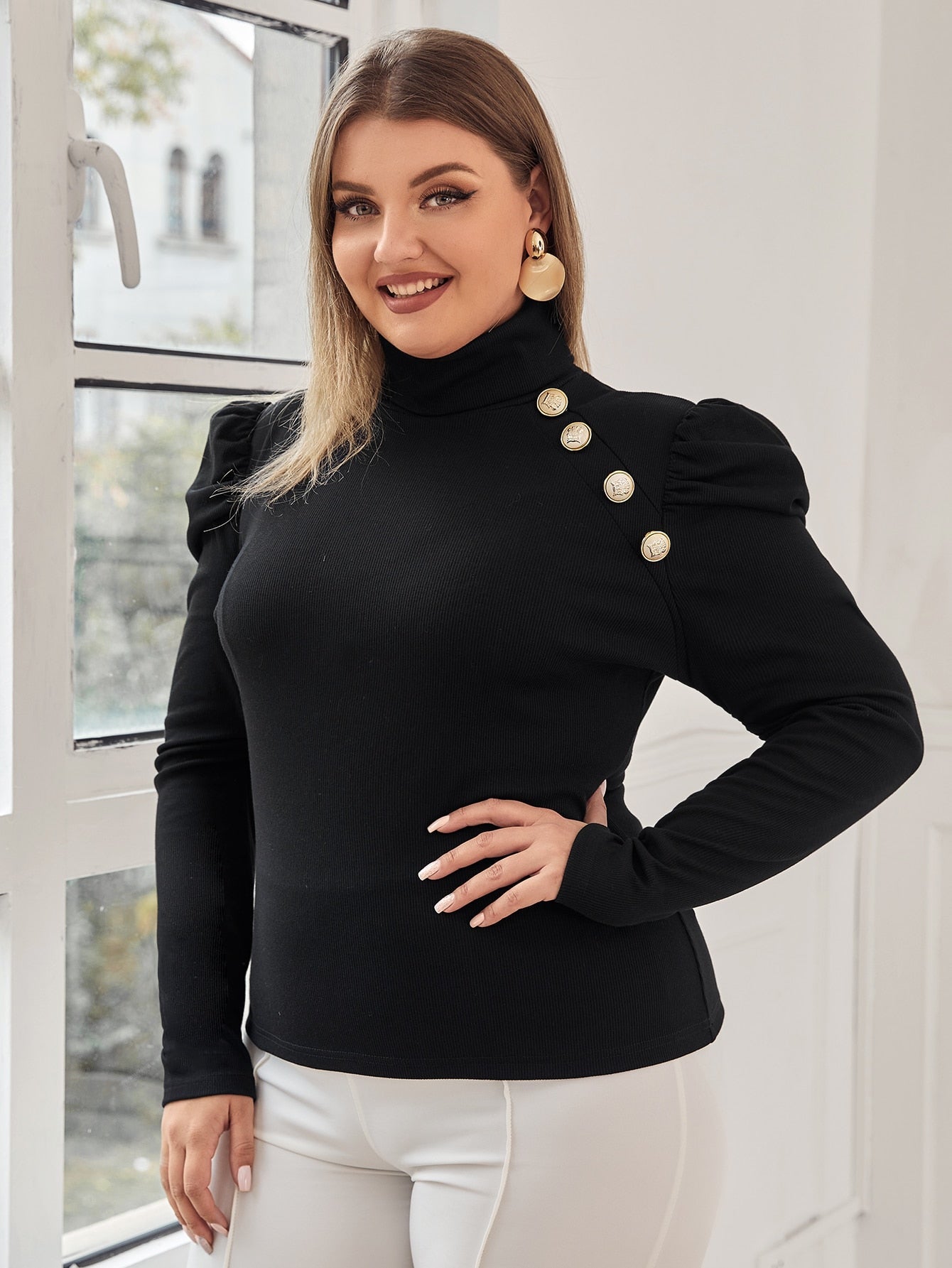 Button Detail Gigot Sleeve Tee