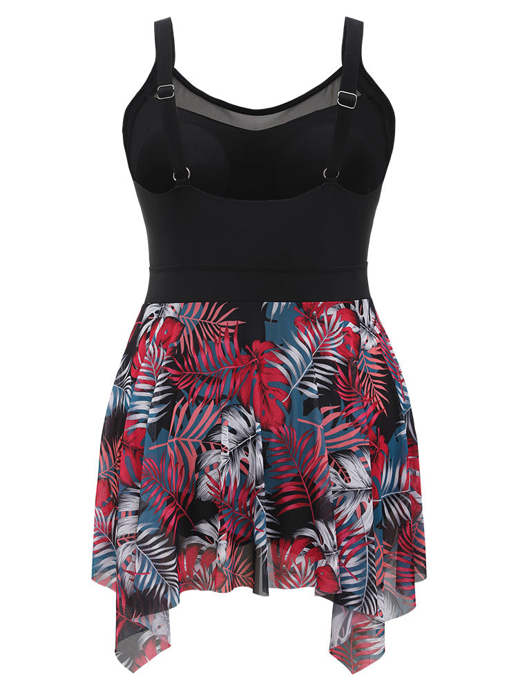 Tropical Patchwork Knot Hanky Hem Mesh Swim Dress