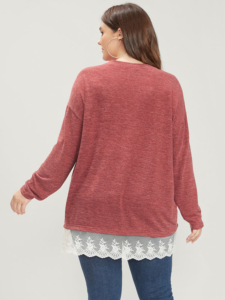 Solid Round Neck Lace Hem Long Tee