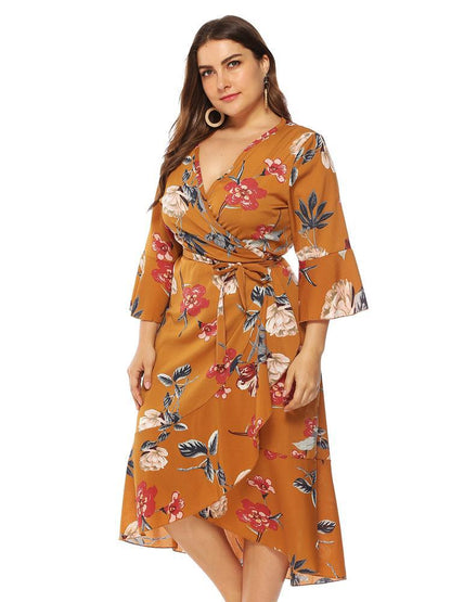 Floral Wrap Ruffle Sleeve Dress