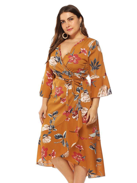Floral Wrap Ruffle Sleeve Dress