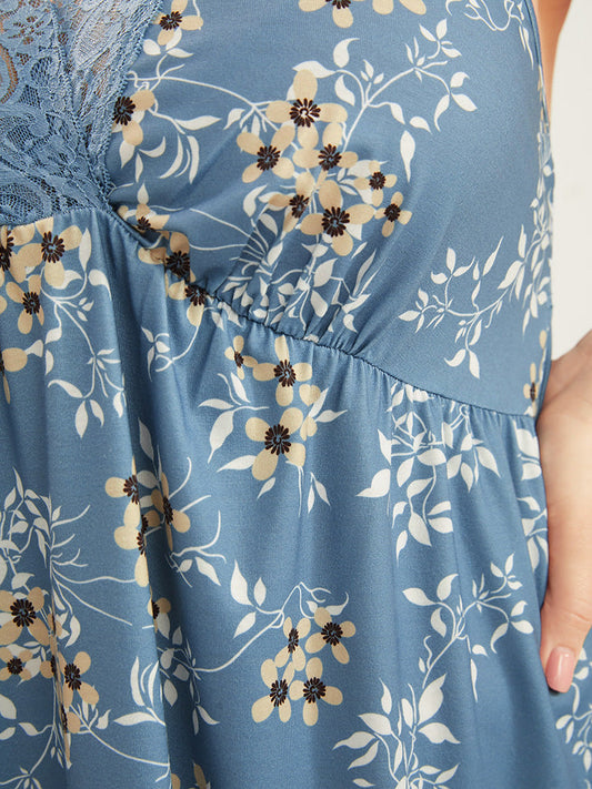 Floral Print Lace Trim Sleeveless Cami Night Dress