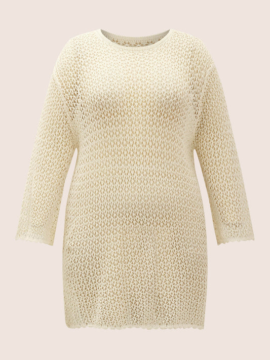 Plain Textur Pointelle Knit Bell Sleeve Swim Cover Up