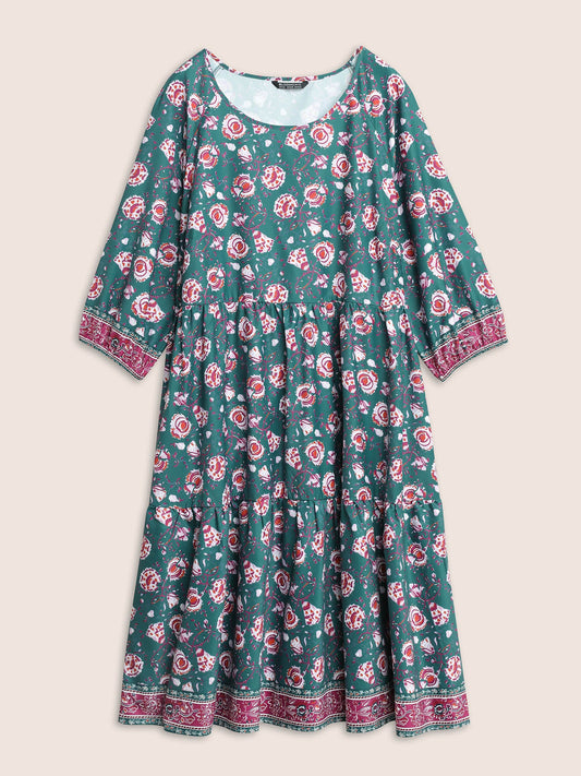 Bandana Floral Print Lantern Sleeve Gathered Dress