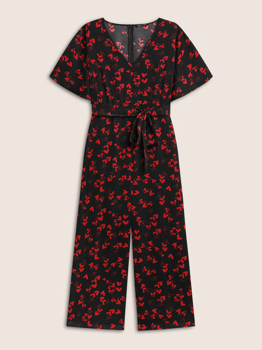 Heart Print Pocket Belted Jumpsuit