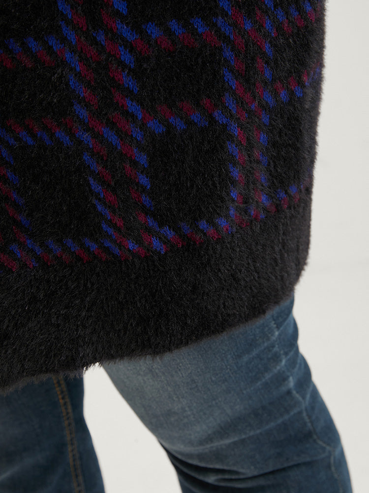 Plaid Contrast Soft Sexy Yarn Knit Fluffy Open Front Cardigan