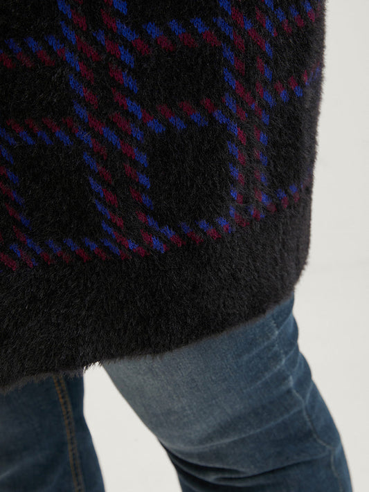 Plaid Contrast Soft Sexy Yarn Knit Fluffy Open Front Cardigan