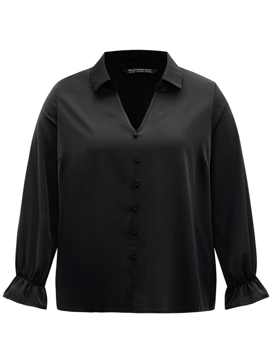 Static-Free Solid Button Detail Frill Trim Blouse