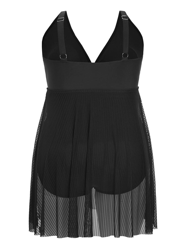 Solid Striped Wrap Split Mesh Sculpt Waist Swim Dress