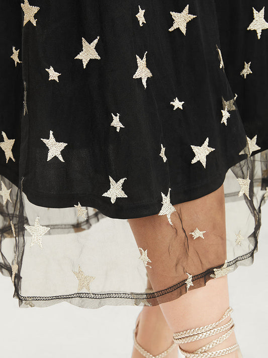 Star Embroidered Mesh Pocket Lantern Sleeve Midi Dress