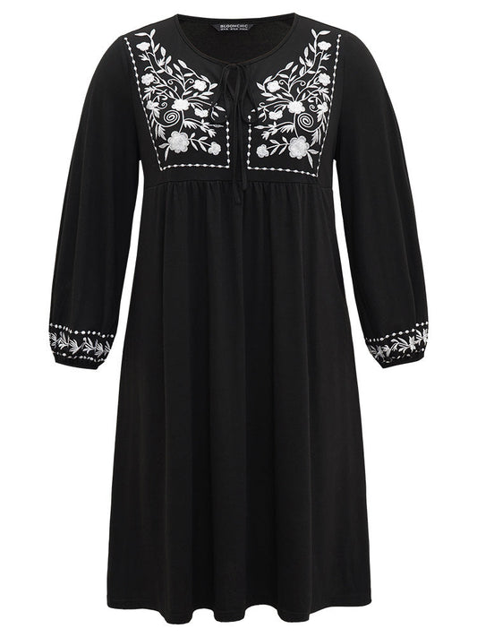 Floral Embroidered Tie Neck Pocket Dress