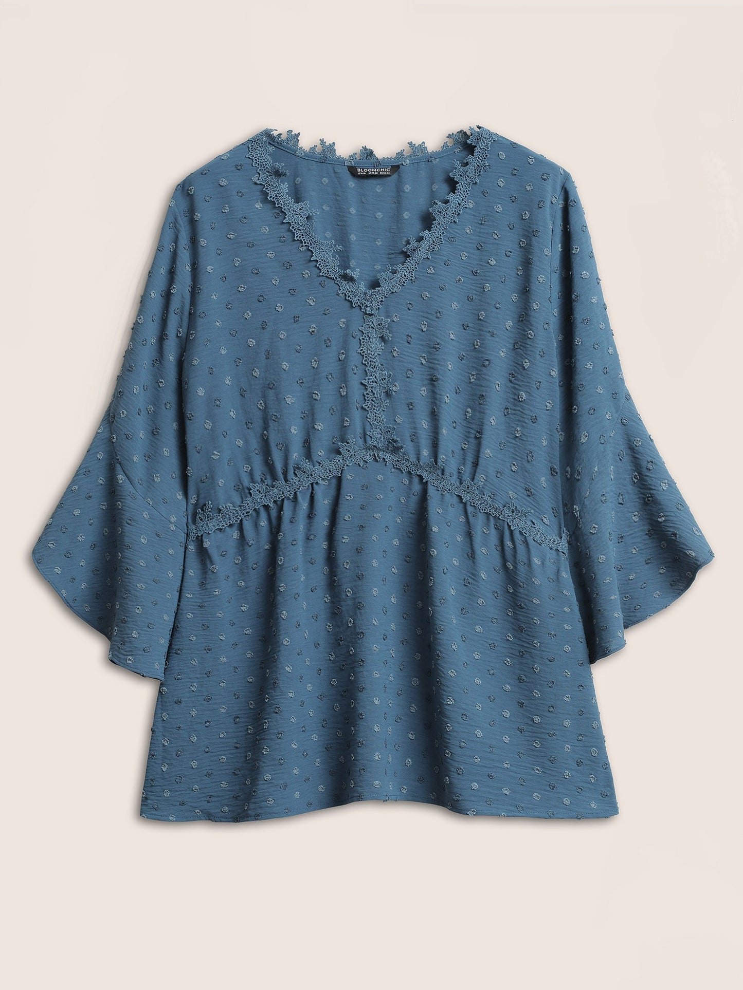 Polka Dot Textured Petal Sleeve Lace Trim Blouse