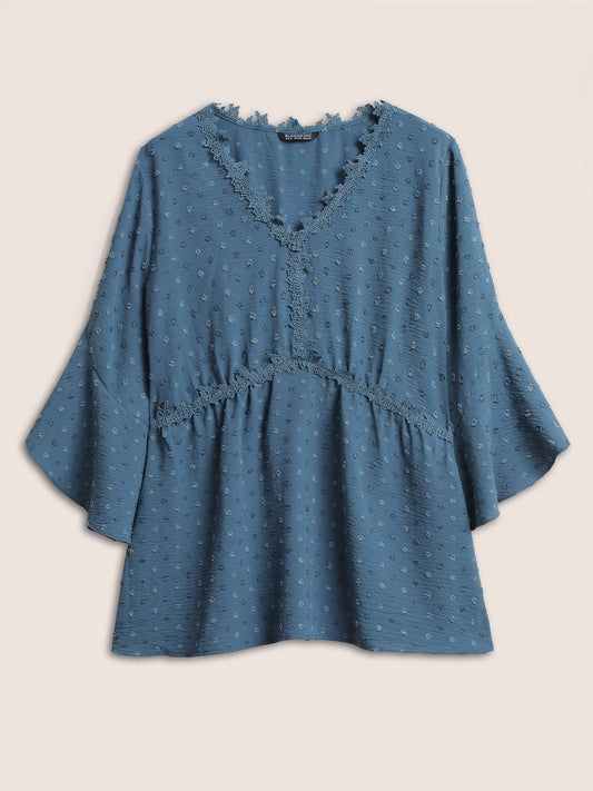 Polka Dot Textured Petal Sleeve Lace Trim Blouse