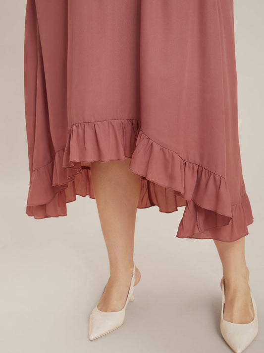 Plain Round Neck Pocket Lantern Sleeve Ruffles Asymmetrical Hem Dress