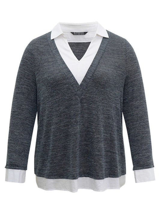 2-In-1 Contrast Patchwork Lapel Collar T-shirt