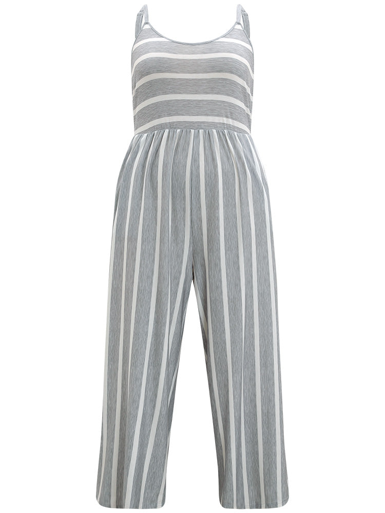Striped Pocket Elastic Waist Cami Jumpsuit