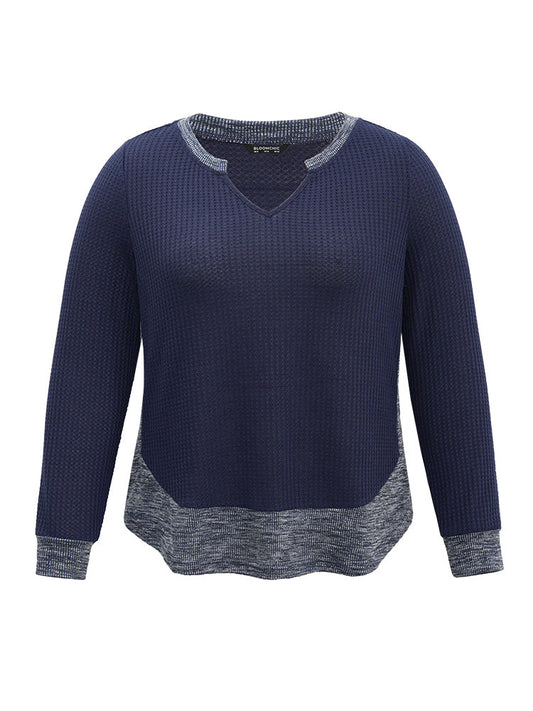 Waffle Knit Two Tone Notched Patchwork T-shirt