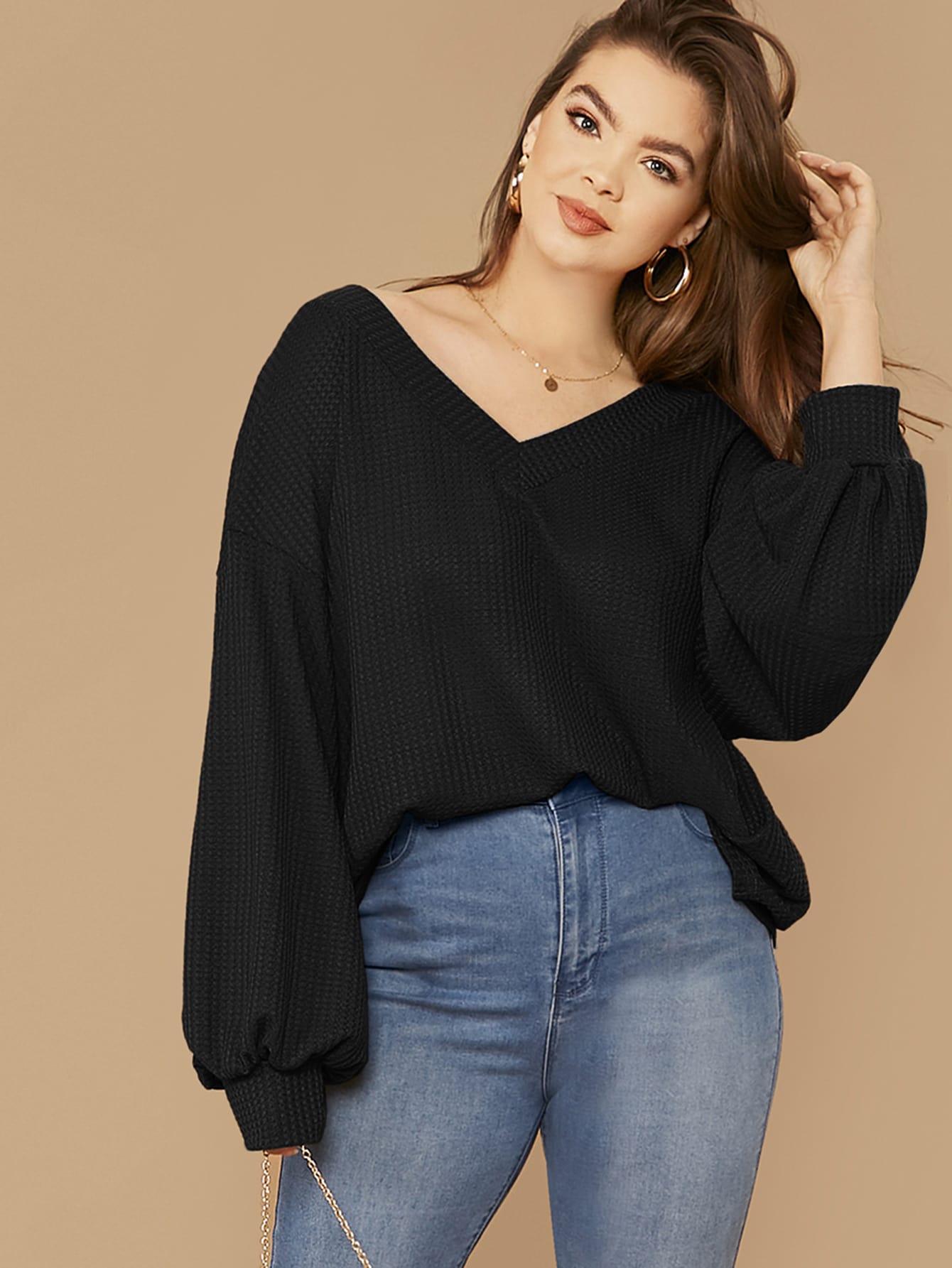 Drop Shoulder Lantern Sleeve Waffle Knit Top