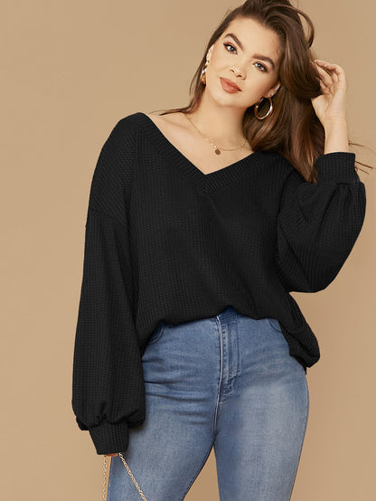 Drop Shoulder Lantern Sleeve Waffle Knit Top
