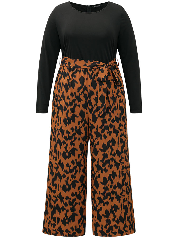 Leopard Patchwork Pocket Belted Long Sleeve Jumpsuit