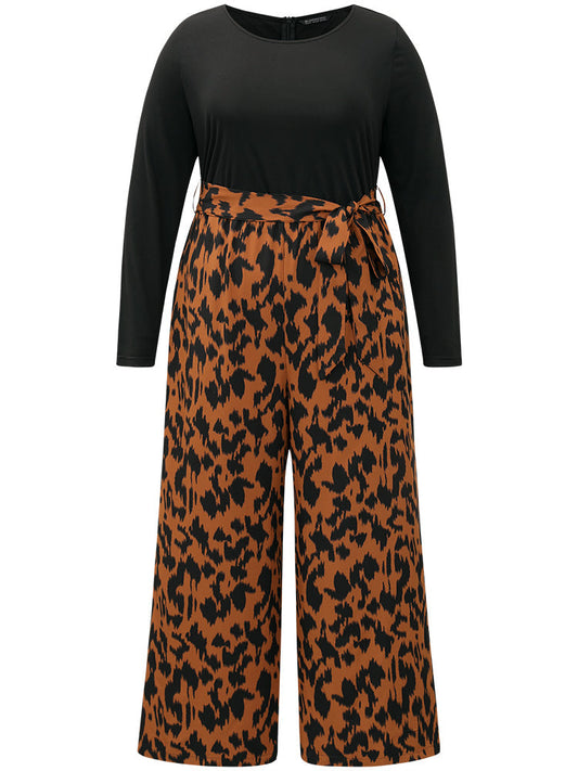 Leopard Patchwork Pocket Belted Long Sleeve Jumpsuit