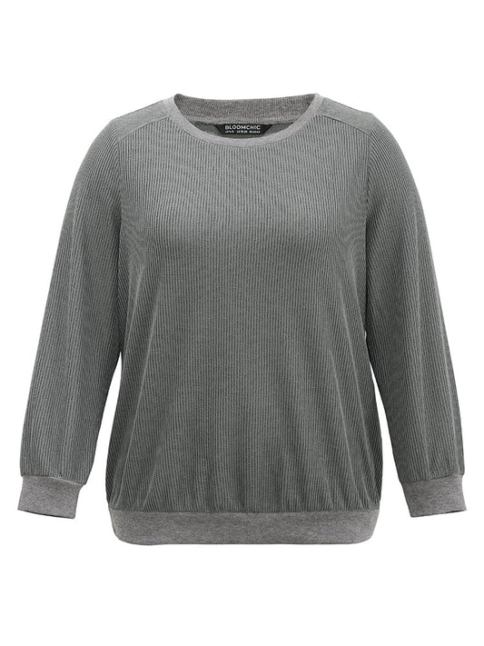 Plisse Solid Elastic Hem Crew Neck Sweatshirt