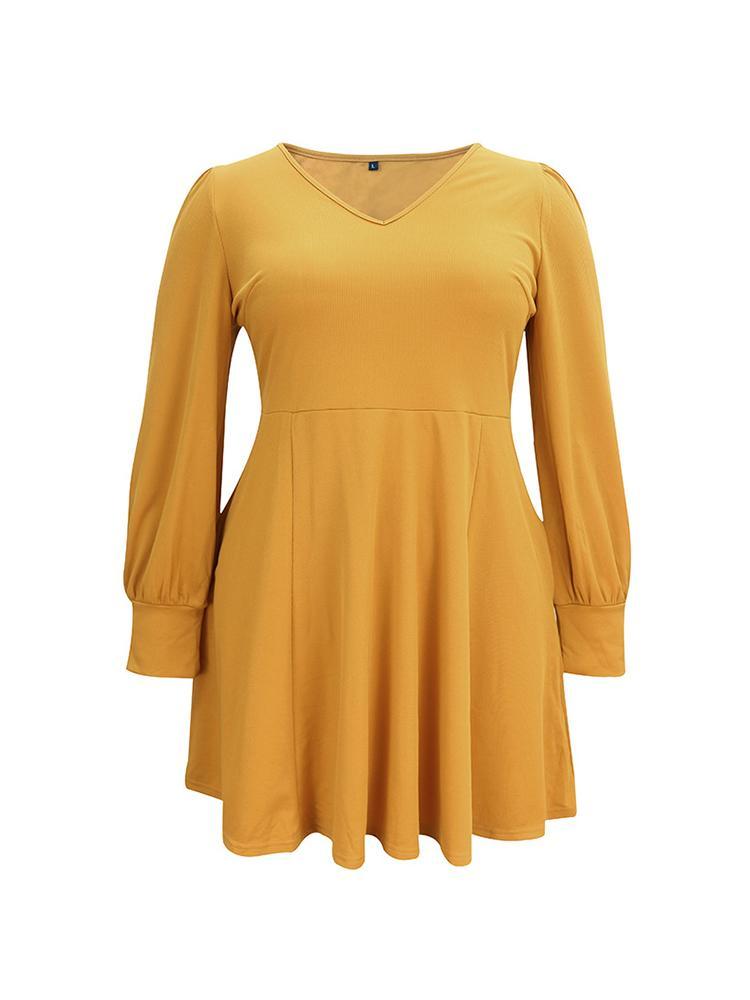 V-neck Lantern Sleeve Solid Color Dress