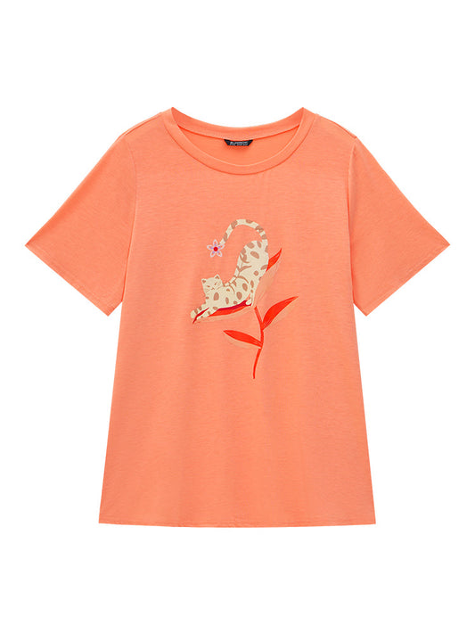 Cat & Plant Print Round Neck Graphic Tee