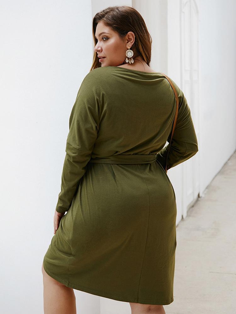 Solid Color Belt Irregular Hem Dress