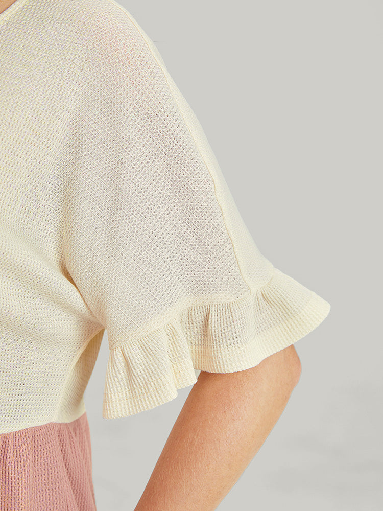 Colorblock Contrast Tiered Hem Ruffle Sleeve Waffle Knit T-shirt