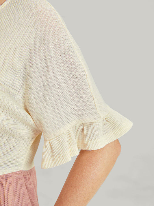 Colorblock Contrast Tiered Hem Ruffle Sleeve Waffle Knit T-shirt