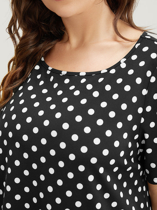 Polka Dot Ruffle Trim Wrap Hem Chiffon Patchwork T-shirt