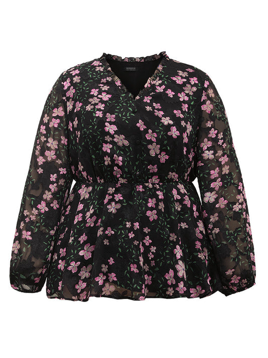 Floral Print Frill Trim Blouse