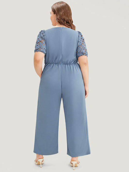 Solid Lace Notched Square Neck Pocket Pleated Jumpsuit