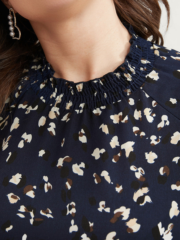 Allover Print Lantern Sleeve Pocket Shirred Mock Neck Flutter Dress