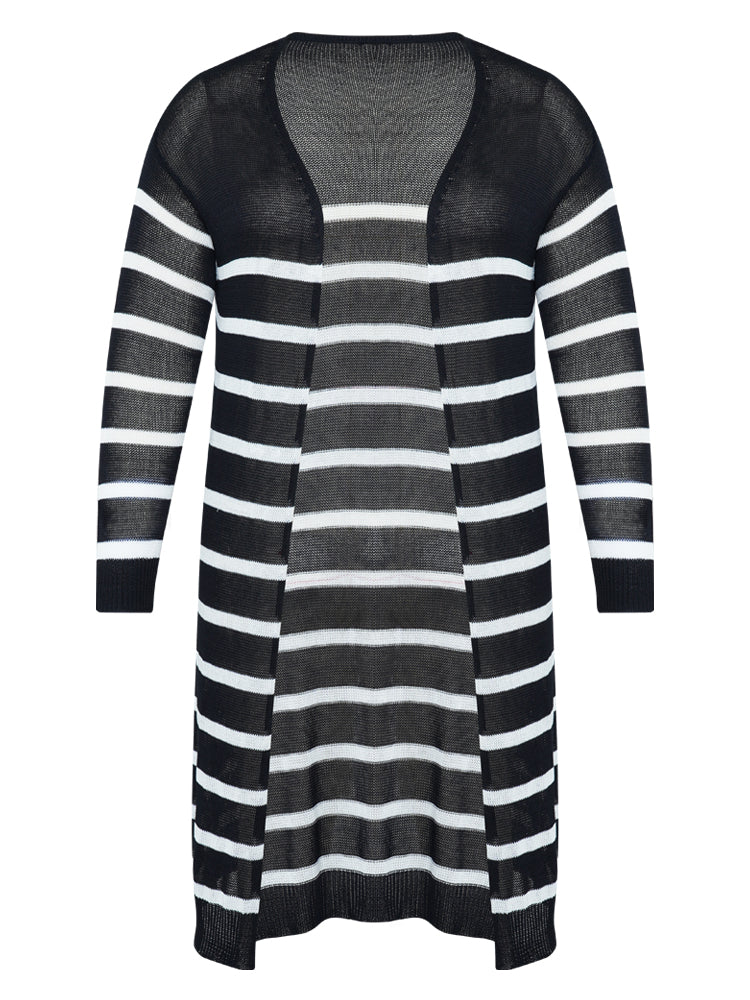 Striped Open Front Elastic Cuffs Drop Shoulder Cardigan