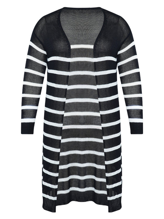 Striped Open Front Elastic Cuffs Drop Shoulder Cardigan