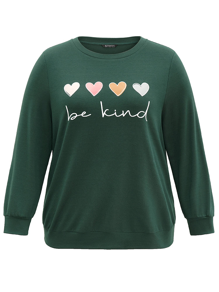 Slogans Heart Print Round Neck Sweatshirt