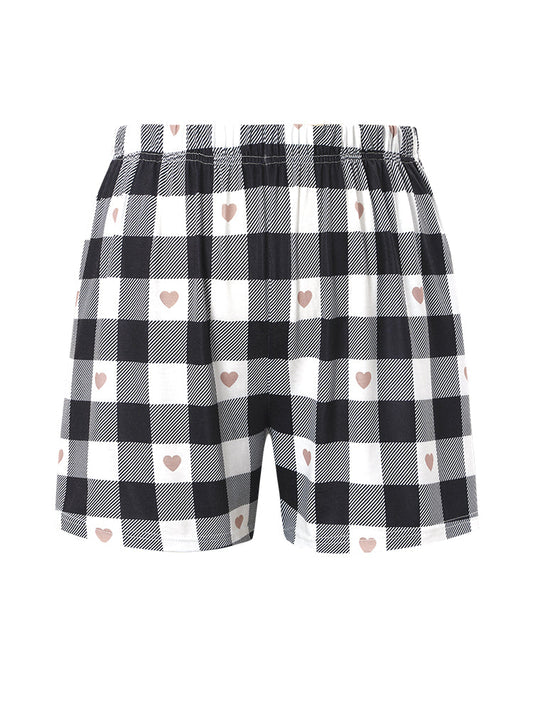 Plaid & Heart Print Pocket Elastic Waist Sleep Shorts