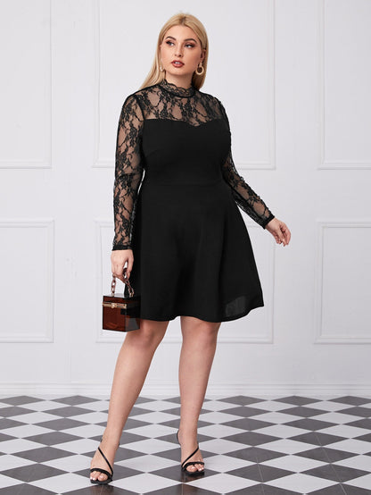 Mock-Neck Lace Yoke and Sleeve Dress