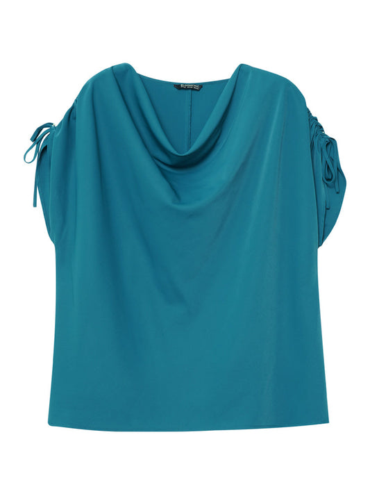 Solid Cowl Neck Drawstring Sleeve Blouse